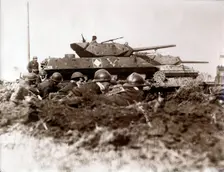 French tanks and soldiers at the front, Alsace, France, World War II, 1944. Creator: Unknown