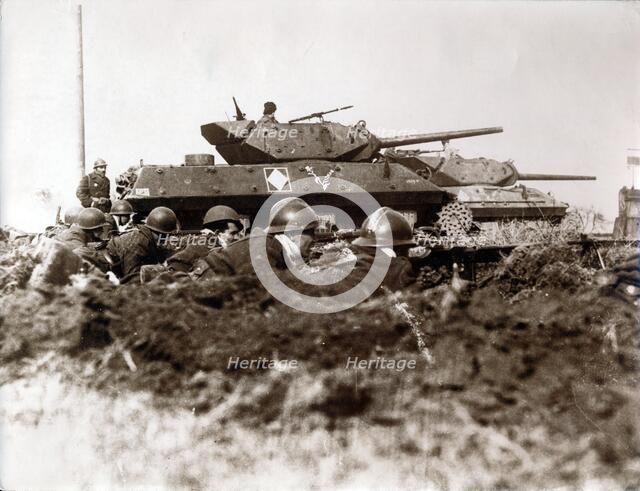 French tanks and soldiers at the front, Alsace, France, World War II, 1944. Artist: Unknown