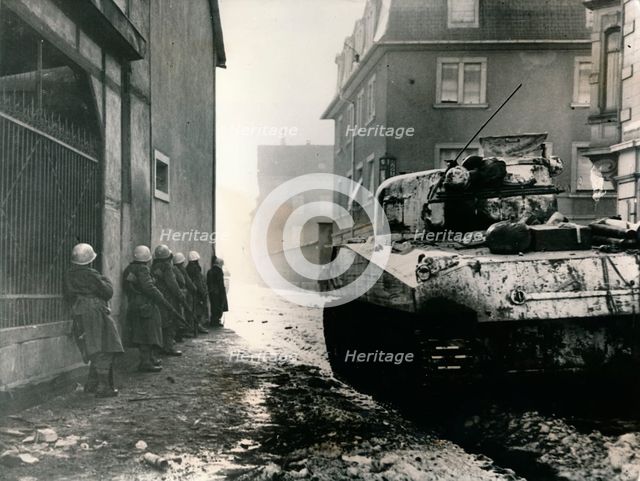French troops take cover in Colmar, France, c.1940s. Creator: Unknown.