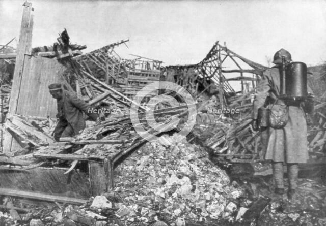 French troops using flamethrowers to flush out Germans from their shelters, Cantigny, France, 1918. Artist: Unknown