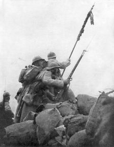 French troops with their regimental flag, the 2nd Battle of Champagne, France, 25 September 1915