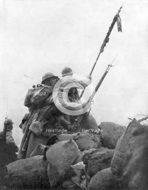 French troops with their regimental flag, the 2nd Battle of Champagne, France, 25 September 1915. Artist: Unknown