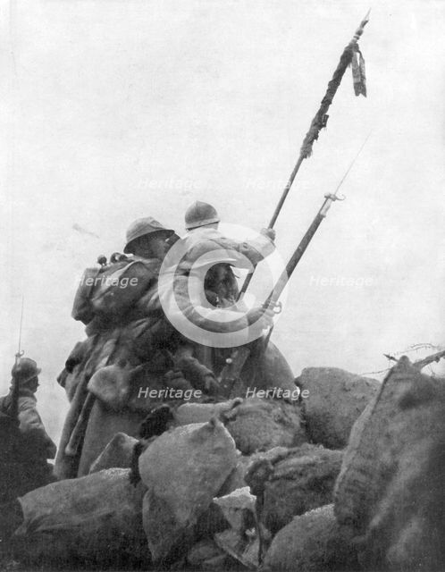 French troops with their regimental flag, the 2nd Battle of Champagne, France, 25 September 1915. Artist: Unknown