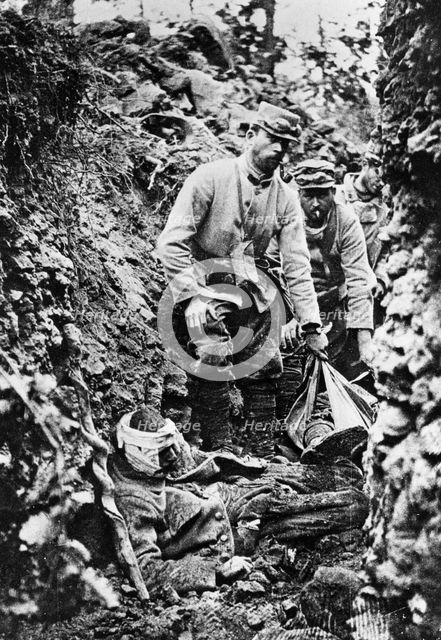 French troops after an German attack and bombardment, World War I, 30th June 1915. Artist: Unknown