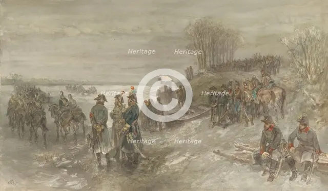 French troops cross a frozen river, 1888. Creator: Charles Rochussen.