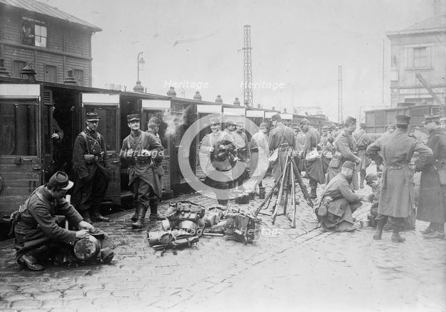 French troops leaving train, between c1914 and c1915. Creator: Bain News Service.