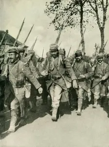 French troops on the march, First World War, 1914-1918, (c1920). Creator: Unknown