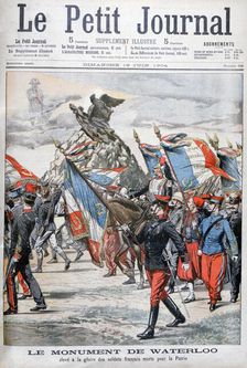 French troops parading past the monument to the battle of Waterloo, 1904