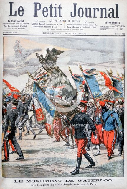 French troops parading past the monument to the battle of Waterloo, 1904. Artist: Unknown