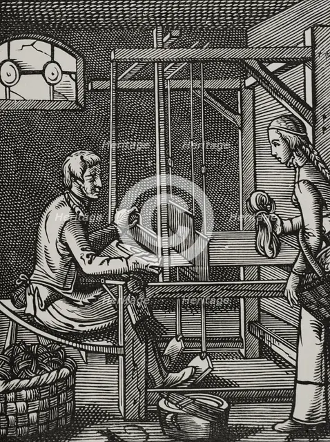 French weaver's workshop in the 16th century (1877). Creator: Jost Ammon.