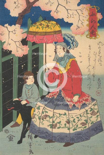 French Woman, Her Child and Pet Dog, 10th month, 1860. Creator: Utagawa Hiroshige II.