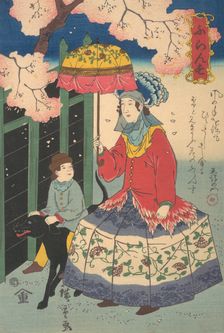 French Woman, Her Child and Pet Dog, 10th month, 1860. Creator: Utagawa Hiroshige II