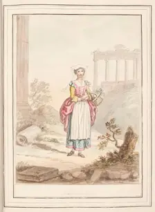 Freschetana Girl, leaf from A Collection of Dresses by David Allan Mostly from Nature 1776. Creator: David Allan