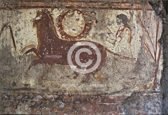 Fresco depicting a woman with two horses in a Lucan tomb at Paestum.