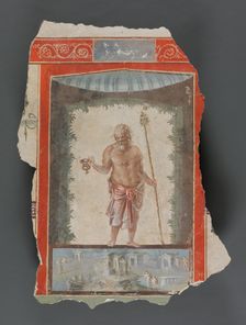 Fresco Fragments Depicting an Old Silenus with Kantharos and Thyrsus, A.D. 1-79. Creator: Unknown