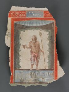 Fresco Fragments Depicting an Old Silenus with Kantharos and Thyrsus, A.D. 1-79. Creator: Unknown