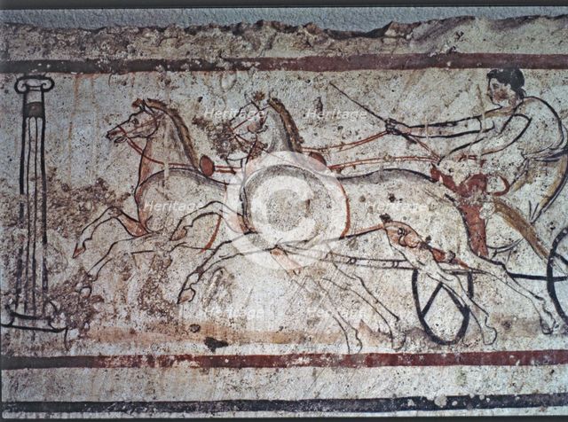 Fresco from a Lucan tomb in Paestum depicting a man in a carriage drawn by two horses.