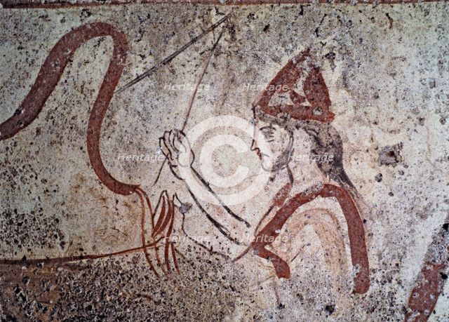 Fresco from the Lucan tomb representing a man holding the reins of a chariot.