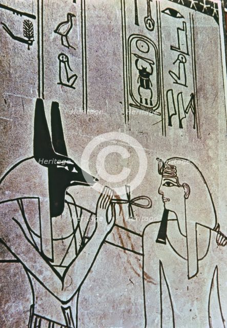 Fresco from the tomb of Amenhotep II, represented with god Anubis, part of the New Kingdom.