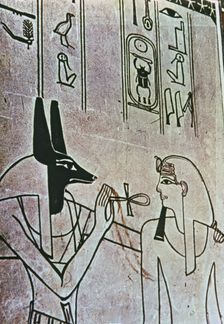 Fresco from the tomb of Amenhotep II, represented with god Anubis, part of the New Kingdom