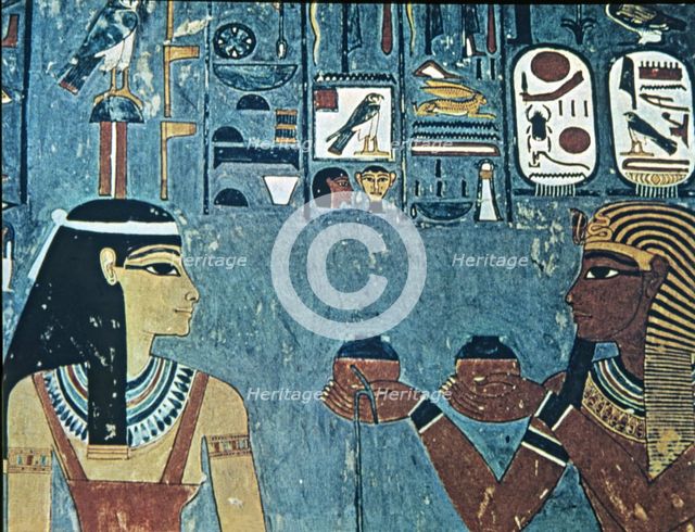 Fresco in the tomb of Horemheb, representing the pharaoh giving offerings to goddess Hathor.