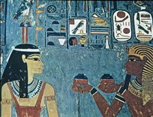 Fresco in the tomb of Horemheb, representing the pharaoh giving offerings to goddess Hathor
