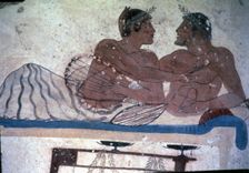 Fresco in the tomb of Tuffatore representing two men at a banquet