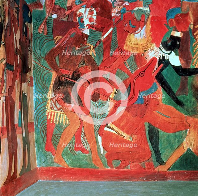 Fresco in the Bonampak painting temple depicting a battle scene and the punishment inflicted on p…