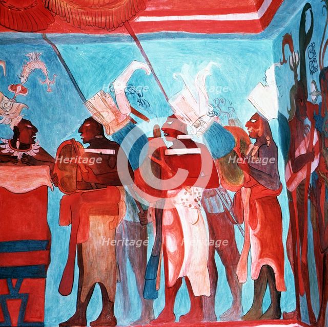 Fresco in the Room 1 of the Bonampak painting temple depicting scenes of life.