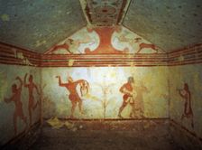 Frescoes in the Baccanti tomb in the necropolis of Montarozzi at Tarquinia