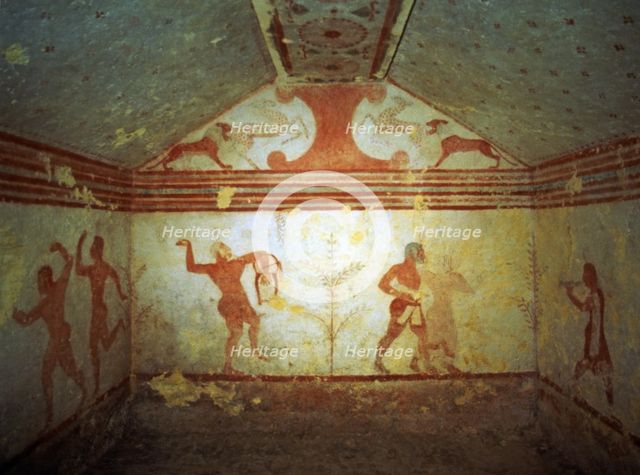 Frescoes in the Baccanti tomb in the necropolis of Montarozzi at Tarquinia.