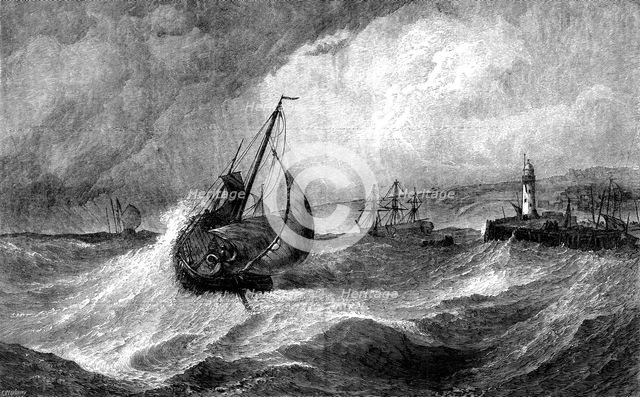 "Freshening Gale, Scarborough: Fishing-Boats returning to Harbour", by E. Hayes..., 1871. Creator: J Greenaway.