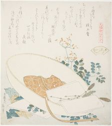 Freshly-Picked Flowers in a Traveler’s Hat, illustration for The Thousand-grasses Shell (C..., 1821. Creator: Hokusai