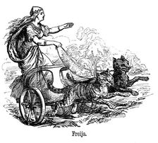 Freya (Frigg) goddess of love in Scandinavian mythology, driving her chariot pulled by cats
