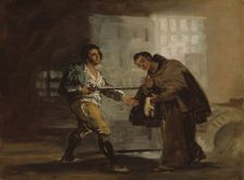 Friar Pedro Offers Shoes to El Maragato and Prepares to Push Aside His Gun, c. 1806. Creator: Francisco Goya