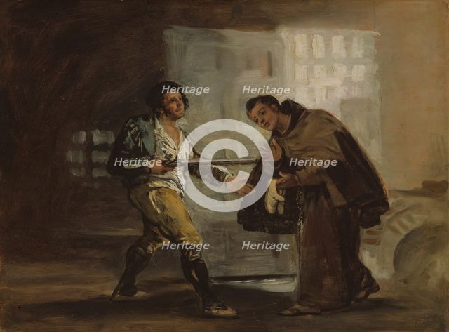 Friar Pedro Offers Shoes to El Maragato and Prepares to Push Aside His Gun, c. 1806. Creator: Francisco Goya.