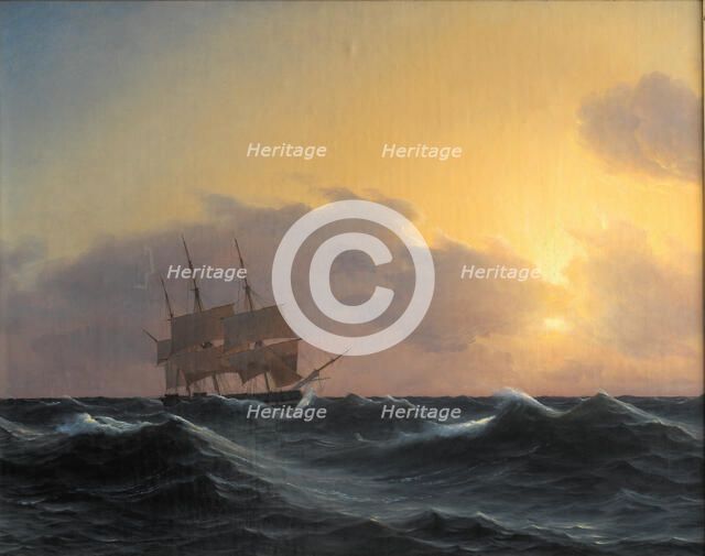 Frigate with rigged undersails in a storm, 1827-1865. Creator: Carl Dahl.