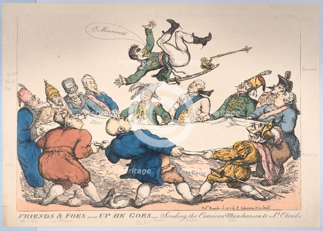 Friends and Foes-Up He Goes-Sending the Corsican Munchausen to St. Cloud's, D..., December 12, 1813. Creator: Thomas Rowlandson.