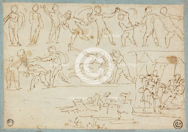 Frieze of Putti, Sketch of Lot and His Daughters, Sketch of Buildings, n.d. Creator: Agostino Carracci.