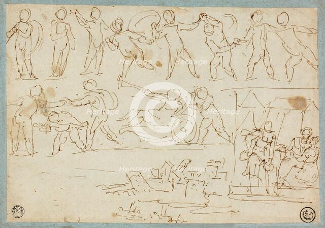 Frieze of Putti, Sketch of Lot and His Daughters, Sketch of Buildings, n.d. Creator: Agostino Carracci.