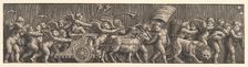 Frieze arrangement depicting the Triumph of Love; Cupid in a Chariot led by goats, man..., 1530-60. Creator: Master of the Die