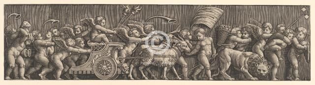 Frieze arrangement depicting the Triumph of Love; Cupid in a Chariot led by goats, man..., 1530-60. Creator: Master of the Die.