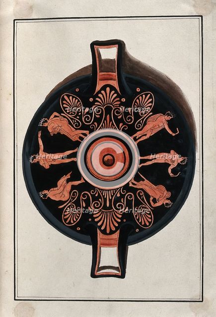 Frieze decorating the inside of a Greek red-figured cup (kylix) showing naked..., 1760-9. Creator: Augustin Dahlsteen.