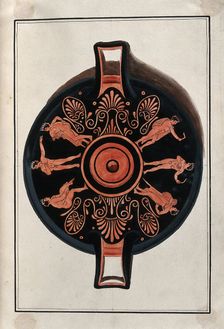 Frieze decorating the inside of a Greek red-figured cup (kylix) showing naked..., 1760-9. Creator: Augustin Dahlsteen