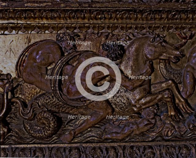 Frieze in polychromed wood, with mythological scenes belonging to the main altar of the Cathedral…