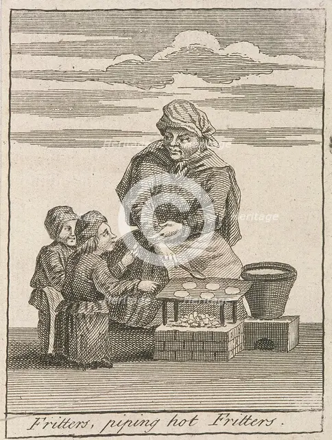 'Fritters, piping hot Fritters', Cries of London, (c1688?). Artist: Anon