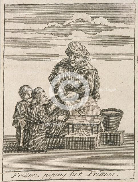 'Fritters, piping hot Fritters', Cries of London, (c1688?). Artist: Anon