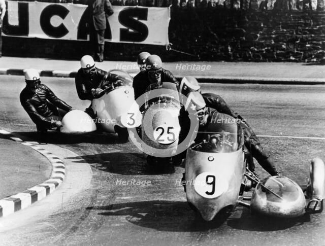 Fritz Scheidegger, Walter Schneider and Helmut Fath competing in a sidecar race, 1959. Artist: Unknown