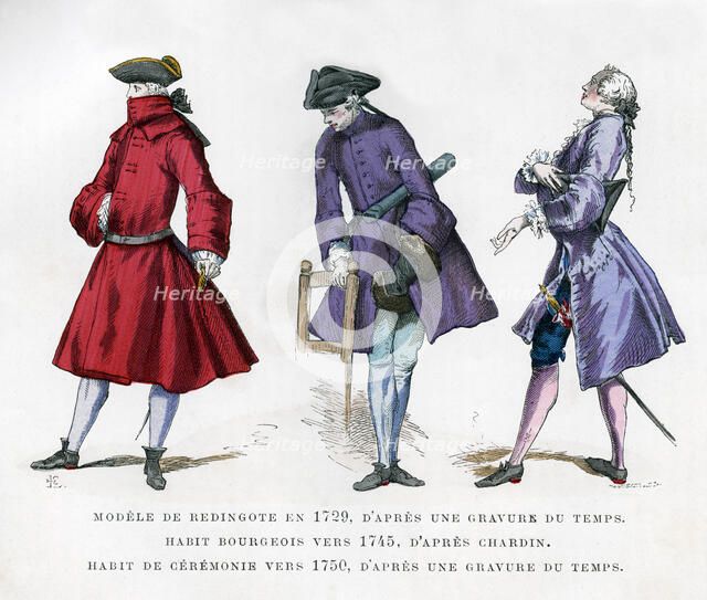 Frock coat of 1729, bourgeois fashion in 1745, and ceremonial dress of 1750, (1882-1884).Artist: Tamisier
