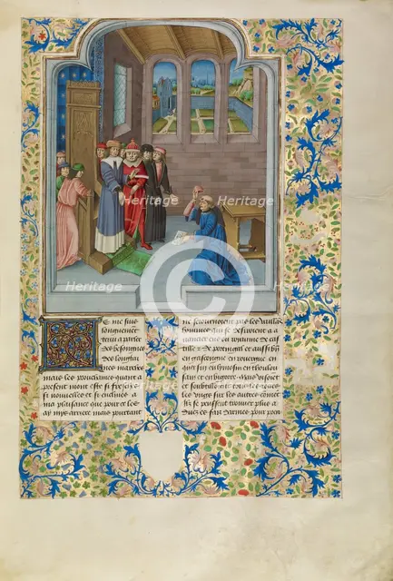 Froissart Kneeling before Gaston Phébus, Count of Foix, c1360s; about 1480-1483. Creator: Master of the Soane Josephus.